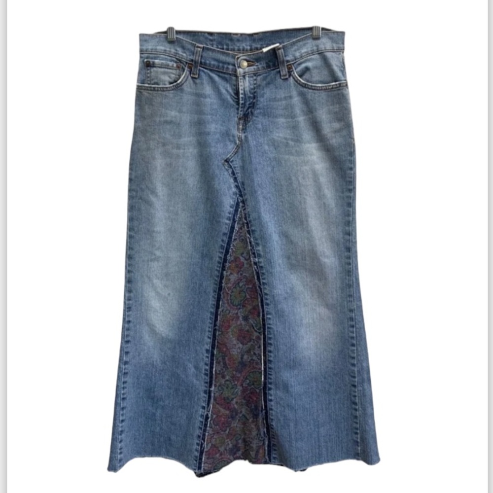 RAVE Festival Vintage Denim Split Maxi Skirt Embroidered Floral Panel Boho Hipp…